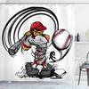 Ambesonne Teen Room Shower Curtain, Baseball Cartoon Style Player Hitting The Ball Boys Caricature Print, Cloth Fabric Bathroom Decor Set with Hooks, 69" W x 70" L, Grey Red White view 1