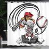 Ambesonne Teen Room Shower Curtain, Baseball Cartoon Style Player Hitting The Ball Boys Caricature Print, Cloth Fabric Bathroom Decor Set with Hooks, 69" W x 70" L, Grey Red White view 3