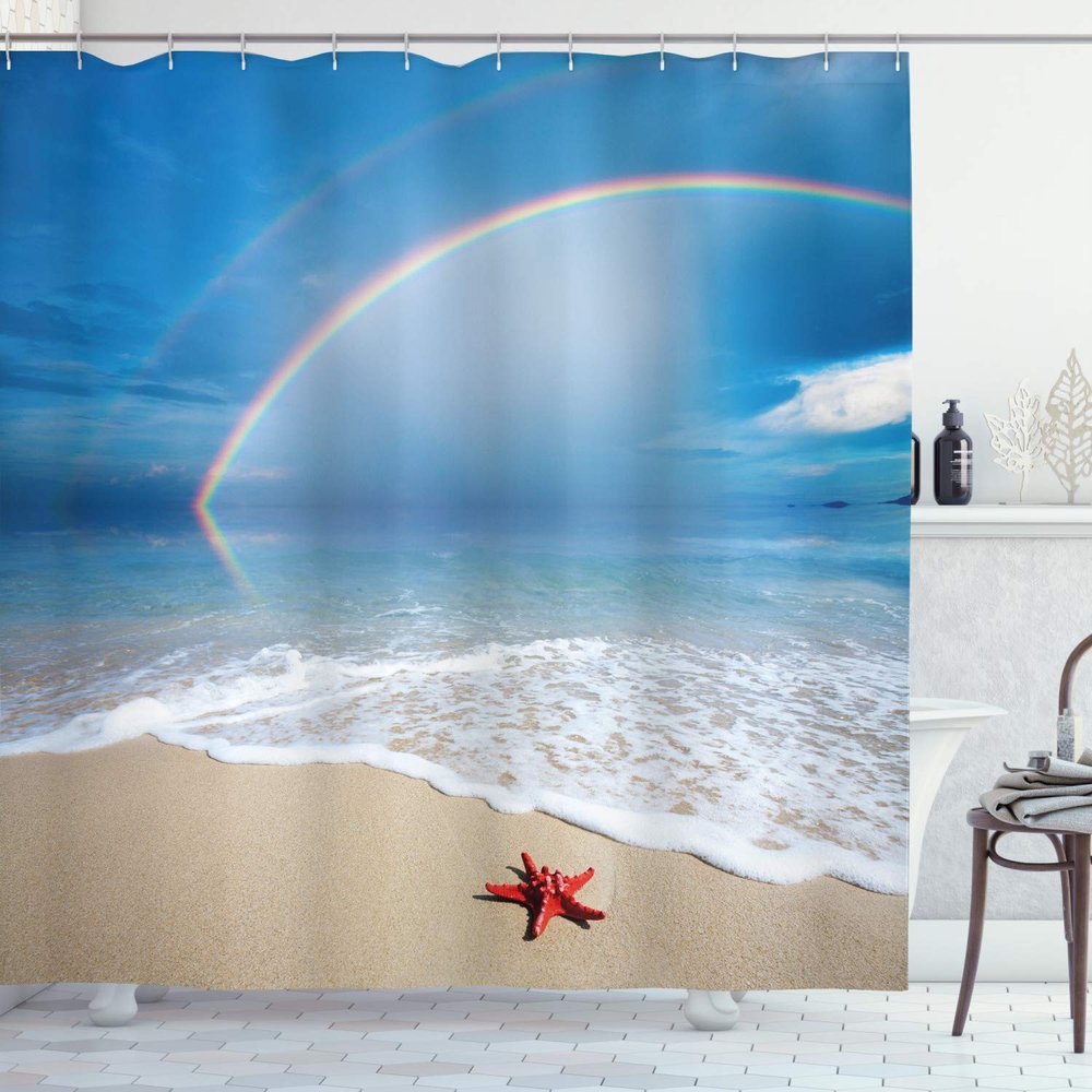 Ambesonne Starfish Shower Curtain, Rainbow Over The Sea Clouds and Clear Sky Foamy Ocean Waves on The Sandy Beach, Cloth Fabric Bathroom Decor Set with Hooks, 69" W x 84" L, Azure Blue Tan