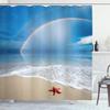 Ambesonne Starfish Shower Curtain, Rainbow Over The Sea Clouds and Clear Sky Foamy Ocean Waves on The Sandy Beach, Cloth Fabric Bathroom Decor Set with Hooks, 69" W x 84" L, Azure Blue Tan view 1
