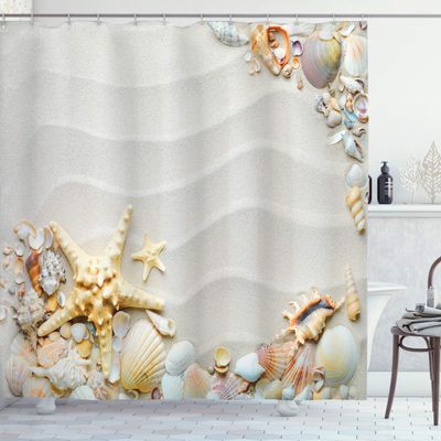 Ambesonne Starfish Shower Curtain, Seacoast with Sand with Colorful Various Seashells Tropics Aquatic Wildlife Theme, Cloth Fabric Bathroom Decor Set with Hooks, 69" W x 70" L, White Pearl