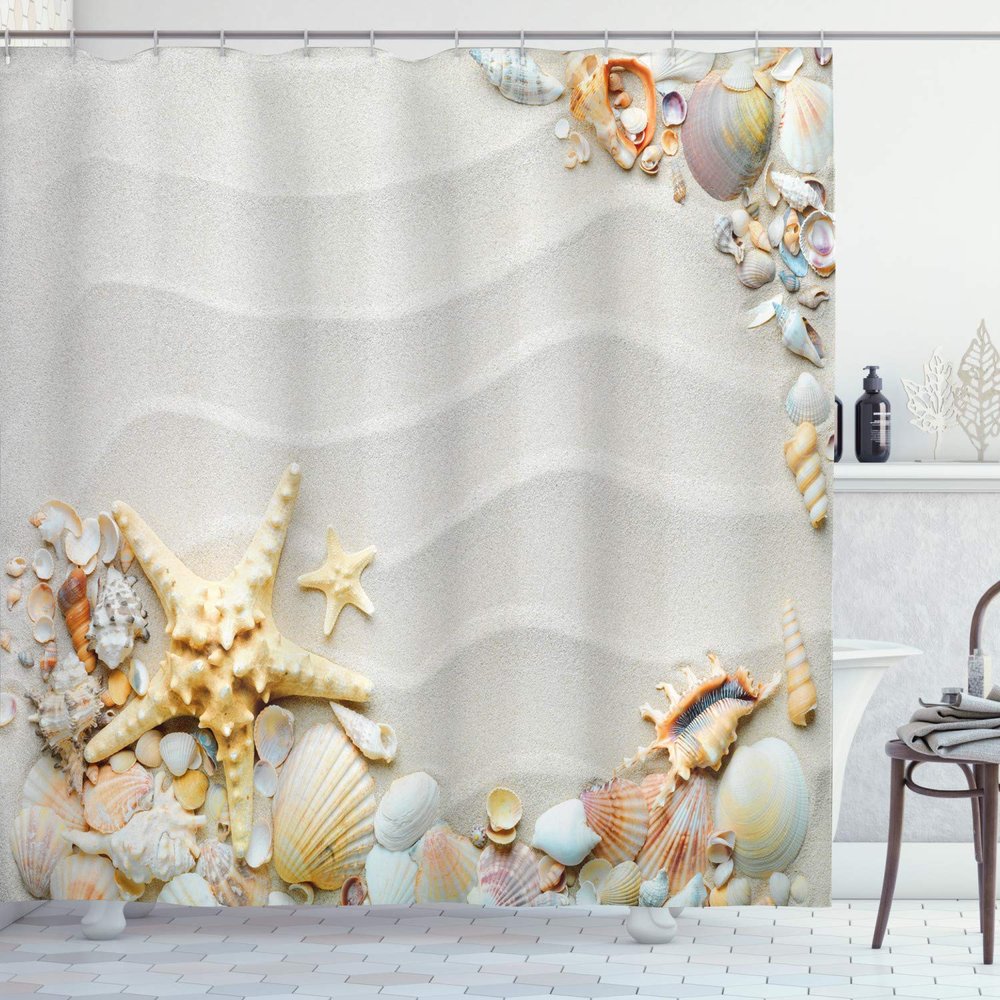 Ambesonne Starfish Shower Curtain, Seacoast with Sand with Colorful Various Seashells Tropics Aquatic Wildlife Theme, Cloth Fabric Bathroom Decor Set with Hooks, 69" W x 70" L, White Pearl
