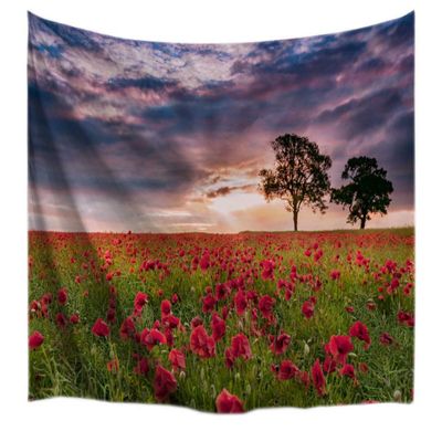 A.Monamour Red Flowers Green Grass Tree Land Field Cloudy Sky Nature Scenery Print Textile Fabric Wall Hanging Tapestry Curtains for Home Accessories 153x102cm/60 x40