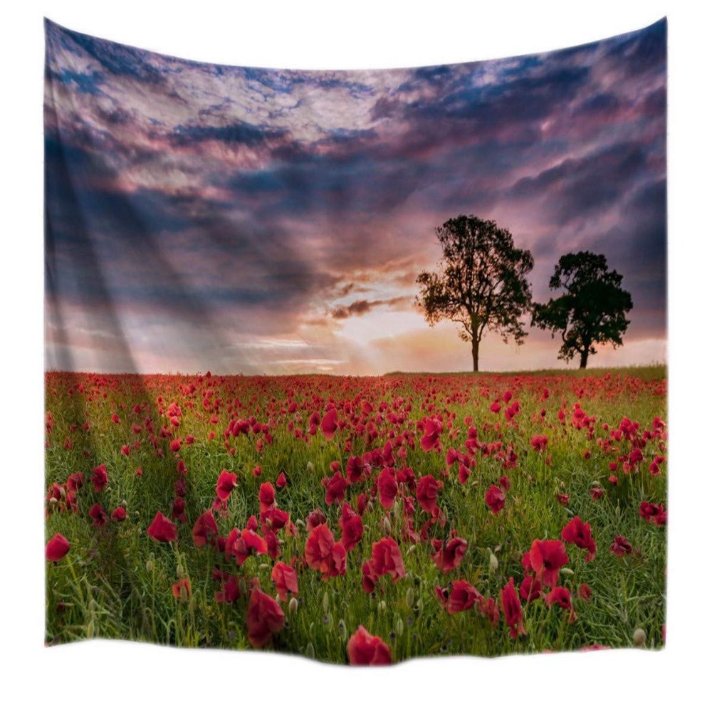 A.Monamour Red Flowers Green Grass Tree Land Field Cloudy Sky Nature Scenery Print Textile Fabric Wall Hanging Tapestry Curtains for Home Accessories 153x102cm/60 x40