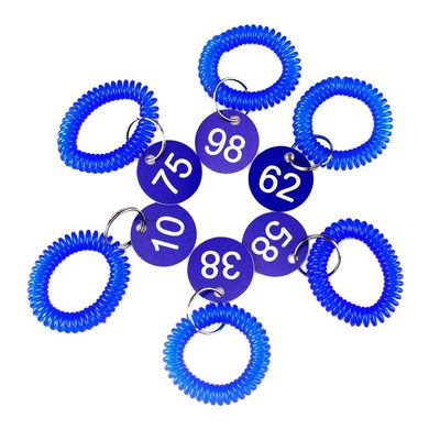 Melleco Plastic 35mm Session ID Plates Number Tag Hanger Slip with Key Split Ring and Spiral Coil Wrist Ring Lockers Pub Rest Sauna Shopping Mall Swimming Pool (1-80 with Spiral Coil Wrist Rings)