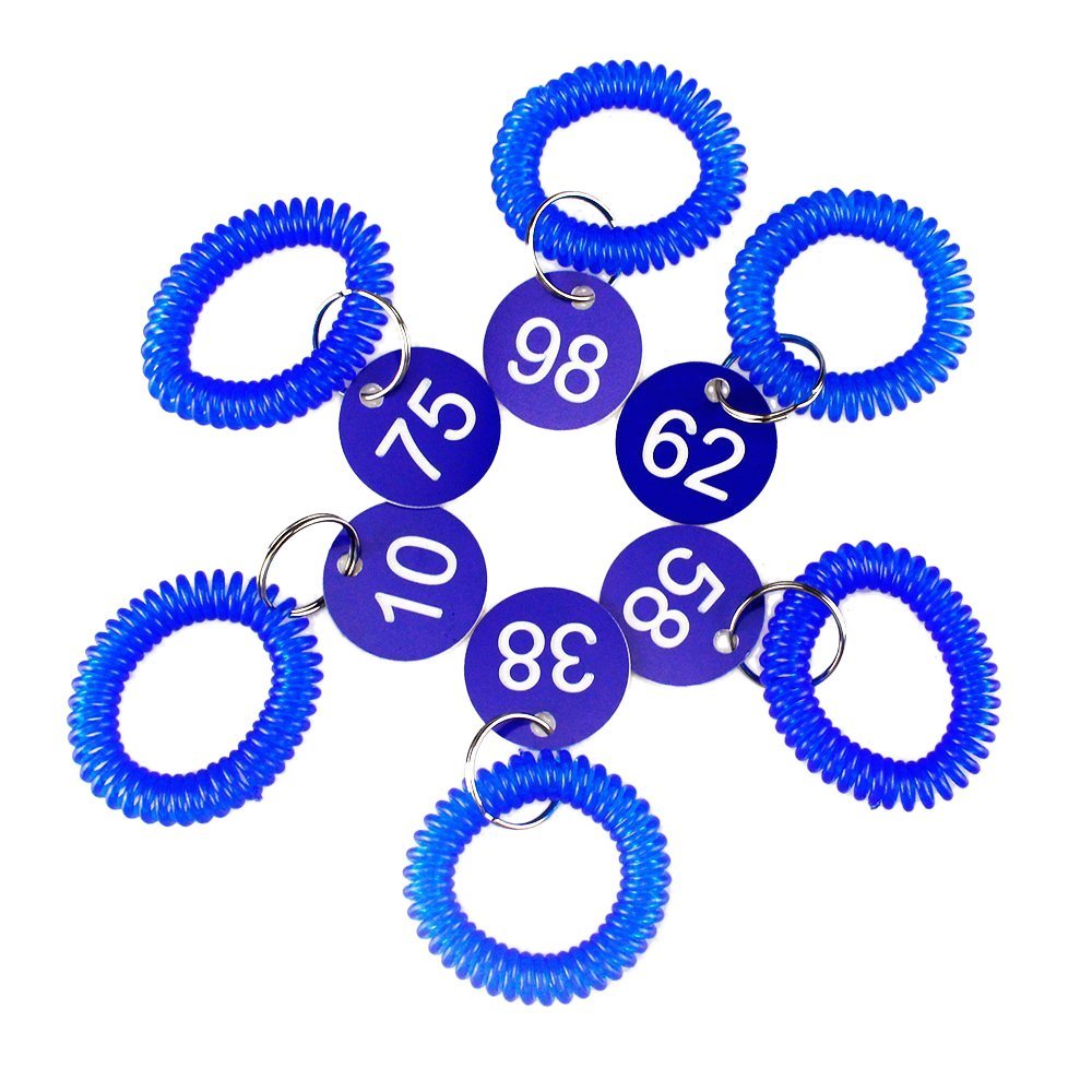 Melleco Plastic 35mm Session ID Plates Number Tag Hanger Slip with Key Split Ring and Spiral Coil Wrist Ring Lockers Pub Rest Sauna Shopping Mall Swimming Pool (1-80 with Spiral Coil Wrist Rings)