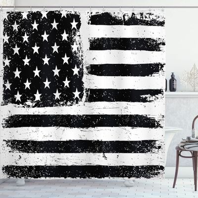 Ambesonne United States Shower Curtain, Grunge Aged Black and White American Flag Independence Fourth of July Design, Cloth Fabric Bathroom Decor Set with Hooks, 69" W x 75" L, Black White