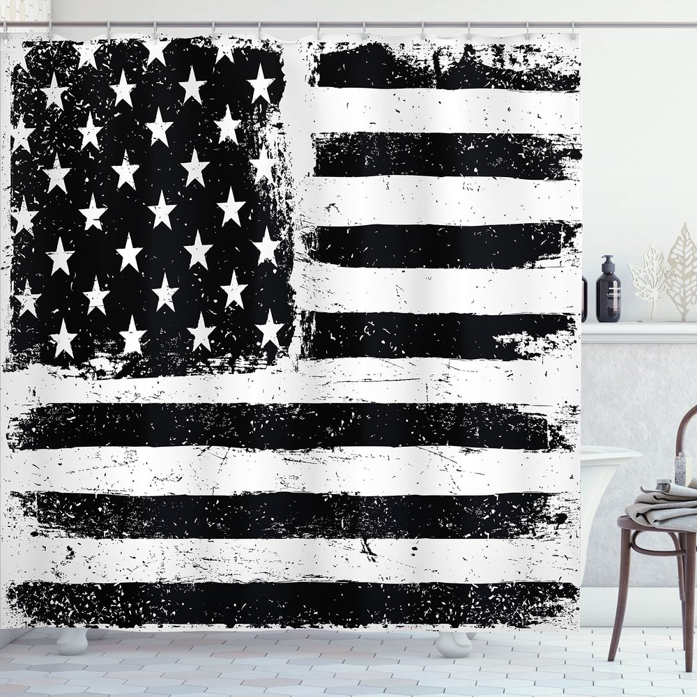 Ambesonne United States Shower Curtain, Grunge Aged Black and White American Flag Independence Fourth of July Design, Cloth Fabric Bathroom Decor Set with Hooks, 69" W x 75" L, Black White