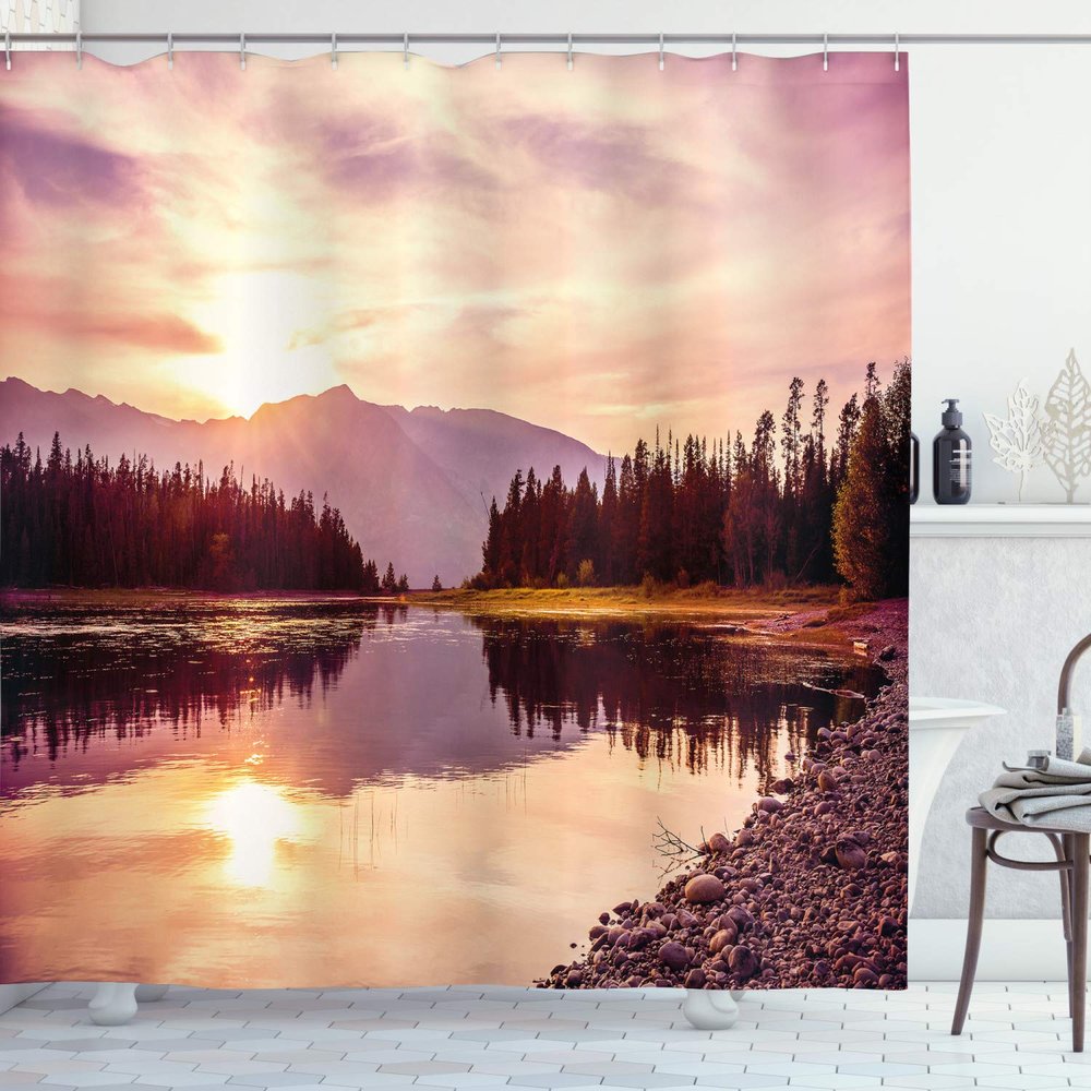 Ambesonne Landscape Shower Curtain, Grand Teton Mountain Range at Sunset Jackson Lake Calm National Park USA, Cloth Fabric Bathroom Decor Set with Hooks, 69" W x 70" L, Peach Pale Yellow