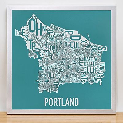 Framed Portland Neighborhoods Map Art Screen Print, Teal & White, 12.5" x 12.5" in Silver Frame