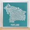 Framed Portland Neighborhoods Map Art Screen Print, Teal & White, 12.5" x 12.5" in Silver Frame view 1