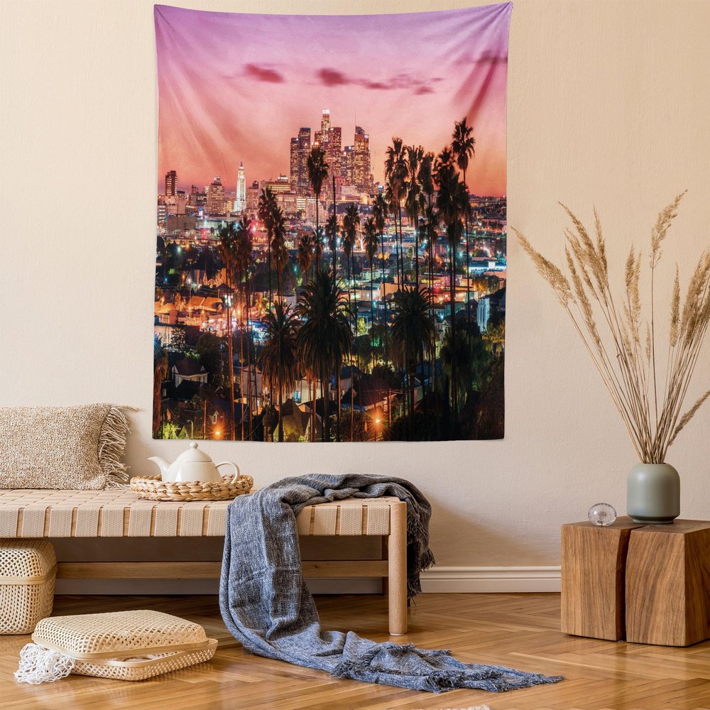 Ambesonne United States Tapestry, Vibrant Sunset Twilight Scenery Los Angeles Famous Downtown Palm Trees, Wall Hanging for Bedroom Living Room Dorm Decor, 60" X 80", Dried Rose