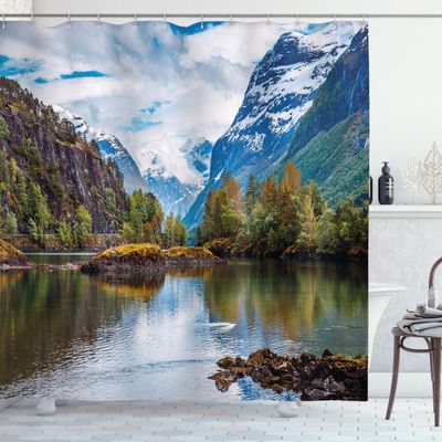 Ambesonne Nature Shower Curtain, Norway Mountain Range Snowy Peaks by The Lake Fishing Nordic Northern Landscape, Cloth Fabric Bathroom Decor Set with Hooks, 69" W x 75" L, Blue Fawn Green