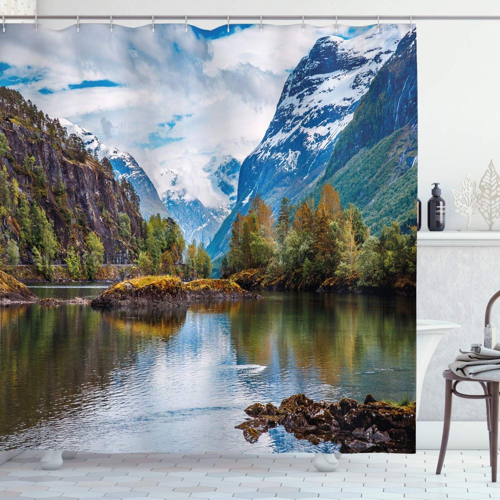Ambesonne Nature Shower Curtain, Norway Mountain Range Snowy Peaks by The Lake Fishing Nordic Northern Landscape, Cloth Fabric Bathroom Decor Set with Hooks, 69" W x 75" L, Blue Fawn Green