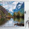 Ambesonne Nature Shower Curtain, Norway Mountain Range Snowy Peaks by The Lake Fishing Nordic Northern Landscape, Cloth Fabric Bathroom Decor Set with Hooks, 69" W x 75" L, Blue Fawn Green view 1