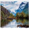 Ambesonne Nature Shower Curtain, Norway Mountain Range Snowy Peaks by The Lake Fishing Nordic Northern Landscape, Cloth Fabric Bathroom Decor Set with Hooks, 69" W x 75" L, Blue Fawn Green view 2