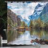 Ambesonne Nature Shower Curtain, Norway Mountain Range Snowy Peaks by The Lake Fishing Nordic Northern Landscape, Cloth Fabric Bathroom Decor Set with Hooks, 69" W x 75" L, Blue Fawn Green view 3