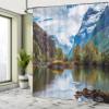 Ambesonne Nature Shower Curtain, Norway Mountain Range Snowy Peaks by The Lake Fishing Nordic Northern Landscape, Cloth Fabric Bathroom Decor Set with Hooks, 69" W x 75" L, Blue Fawn Green view 4