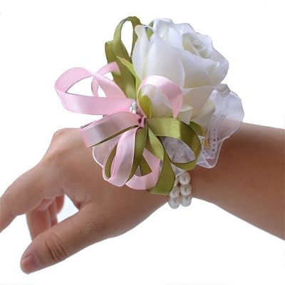 S_SSOY Bridesmaid Wrist Corsage Wristband Girl Bridal Bride Wrist Flower Corsage Flower for Wedding, Party, Prom Decor Creamy Pack of 4