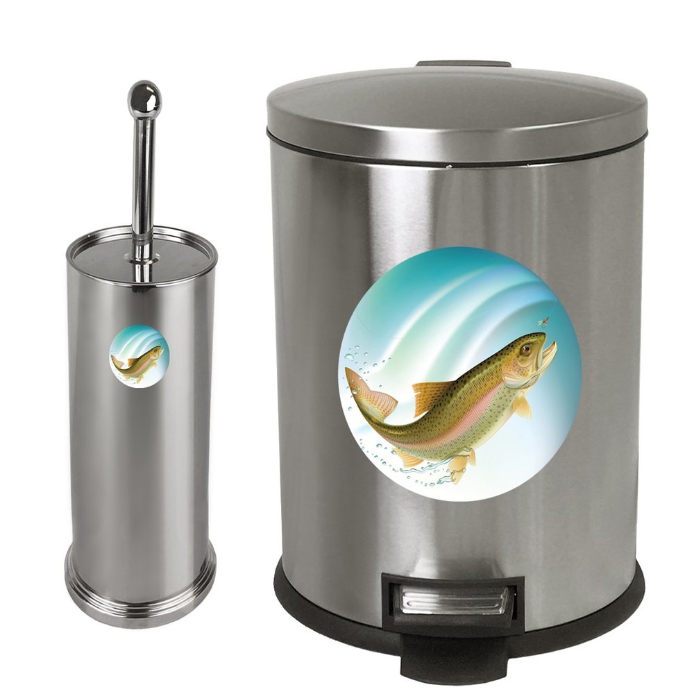 New Set - 3.1 Gallon Oval Stainless Steel Step Trash Can Waste Basket and a Stainless Steel Finish Toilet Brush Featuring Your Choice of a Novelty Themed logo! (Trout)