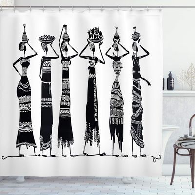 Ambesonne African Shower Curtain, Sketch of Local Women Jugs Silhouettes Patterned Dresses, Cloth Fabric Bathroom Decor Set with Hooks, 69" W x 70" L, Black and White