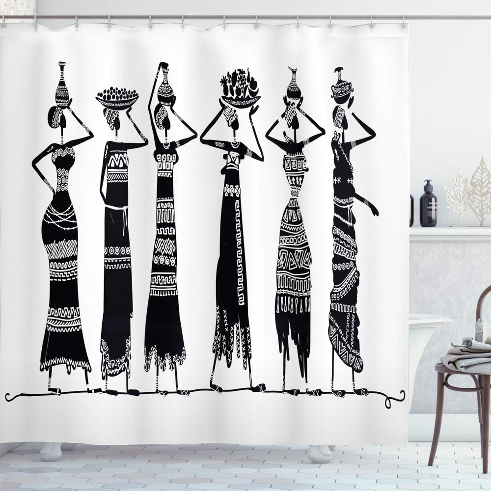 Ambesonne African Shower Curtain, Sketch of Local Women Jugs Silhouettes Patterned Dresses, Cloth Fabric Bathroom Decor Set with Hooks, 69" W x 70" L, Black and White