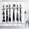 Ambesonne African Shower Curtain, Sketch of Local Women Jugs Silhouettes Patterned Dresses, Cloth Fabric Bathroom Decor Set with Hooks, 69" W x 70" L, Black and White view 1