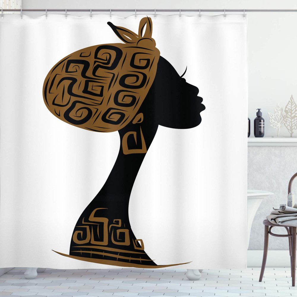 Ambesonne African Shower Curtain, Face Profile Silhouette Woman Headscarf Art Folk Elements, Cloth Fabric Bathroom Decor Set with Hooks, 69" W x 75" L, Brown Black White