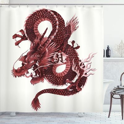 Ambesonne Dragon Shower Curtain, Japanese Dragon Tatsu Folk Noble Monster Theme, Cloth Fabric Bathroom Decor Set with Hooks, 69" W x 70" L, Pale Pink and Burgundy