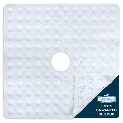 SlipX Solutions Square Natural Rubber Shower Stall Mat, 21 x 21, Non Slip Safety, Built-in Product Protection, 140 Power Grip Suction Cups, Center Drain Hole, White