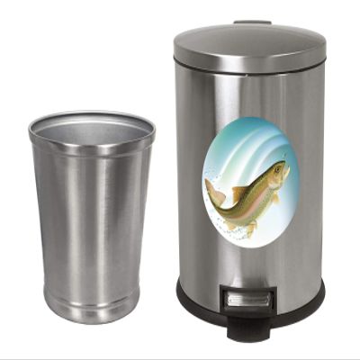 NEW! 3.1 Gallon Oval Stainless Steel Step Trash Can Featuring Your Choice of a Novelty Themed Logo and an Additional Stainless Steel Round Waste Basket - FREE trash liners included! (Trout)