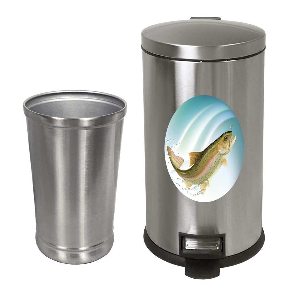 NEW! 3.1 Gallon Oval Stainless Steel Step Trash Can Featuring Your Choice of a Novelty Themed Logo and an Additional Stainless Steel Round Waste Basket - FREE trash liners included! (Trout)