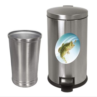 NEW! 3.1 Gallon Oval Stainless Steel Step Trash Can Featuring Your Choice of a Novelty Themed Logo and an Additional Stainless Steel Round Waste Basket - FREE trash liners included! (Bass Fish)