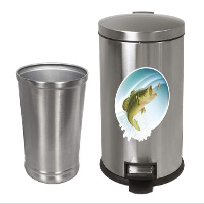 NEW! 3.1 Gallon Oval Stainless Steel Step Trash Can Featuring Your Choice of a Novelty Themed Logo and an Additional Stainless Steel Round Waste Basket - FREE trash liners included! (Bass Splash)
