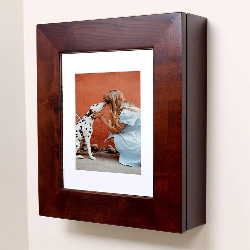 Fox Hollow Furnishings 20x17 Picture Perfect Wall Mount Medicine Cabinet, Surface Mounted Storage, Over the Toilet Storage Wall Cabinet, Home Decor w/Picture Frame Door, 3 Adjustable Shelves, Espresso