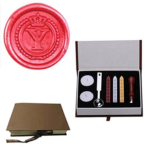 MDLG Vintage Alphabet Letter Y Crown Wreath Initial Embossment Wedding Invitations Gift Cards Wax Seal Stamp Stationary Sealing Wax Stamp Wood Handel Gift Box Candles Wax Sticks Melting Spoon Kit Set