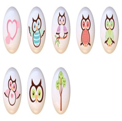SET OF 8 KNOBS - Spring Owls 1 Collection Hoot Owl Pastel Blue Pink Green Purple Orange Colors - DECORATIVE Glossy CERAMIC Cupboard Cabinet PULLS Dresser Drawer KNOBS