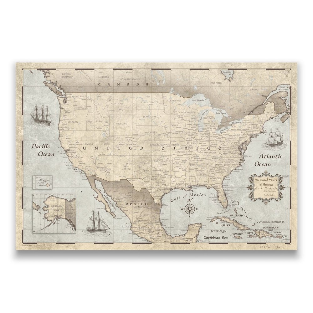 Conquest Maps United States Map Poster Cities, States, & Countries - Travel map Poster & Stylish Educational USA map. Matte Poster Paper, Rustic Vintage Graphics. (36 x 24 Inches)