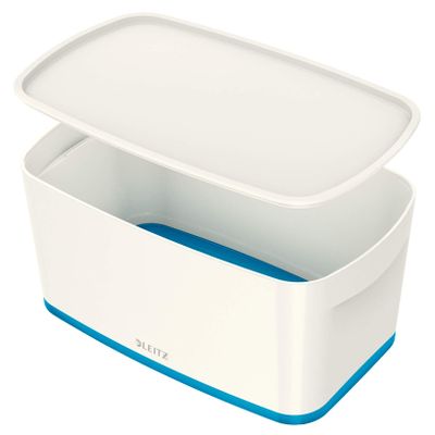 Leitz A5 MyBox Small with Lid, Storage Box for Home and Office, 5 L, High Gloss, Plastic, White/Blue Metallic;MyBox