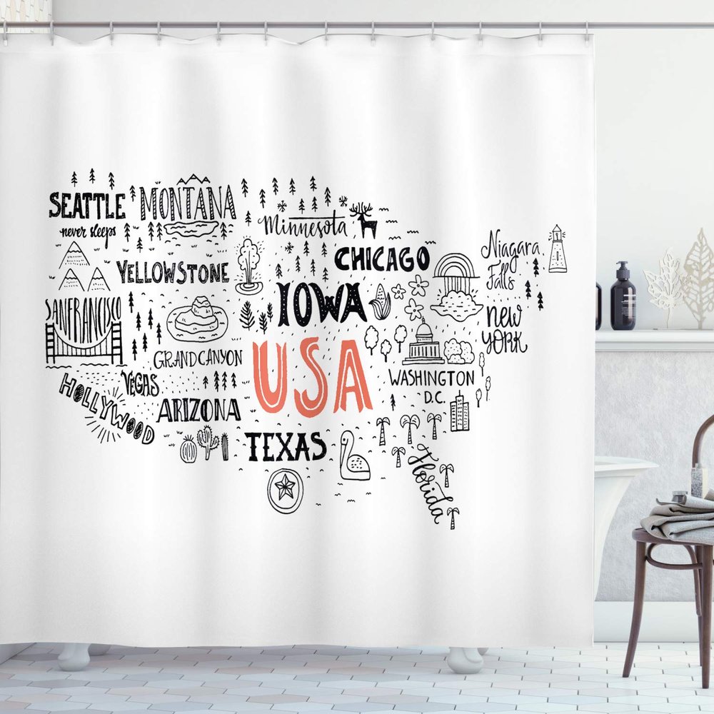 Ambesonne USA Map Shower Curtain, United States of America City Typography Pattern with Local Concept, Cloth Fabric Bathroom Decor Set with Hooks, 69" W x 75" L, Salmon White