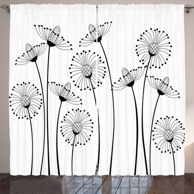 Ambesonne Black and White Curtains, Meadow Flowers with Abstract Dandelions in Countryside Artwork, Living Room Bedroom Window Drapes 2 Panel Set, 108" X 96", Black White