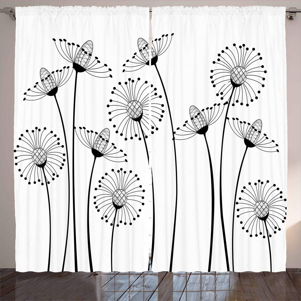 Ambesonne Black and White Curtains, Meadow Flowers with Abstract Dandelions in Countryside Artwork, Living Room Bedroom Window Drapes 2 Panel Set, 108" X 96", Black White