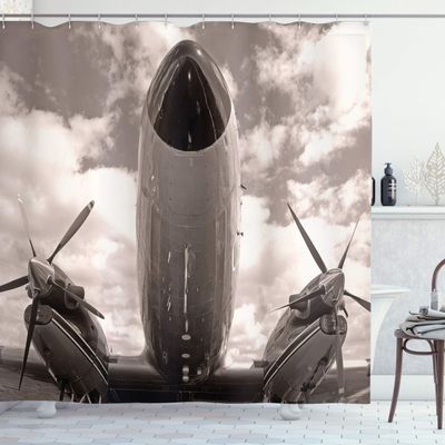 Ambesonne Vintage Airplane Shower Curtain, Turboprop Airplane Nose Close up View and Cloudy Sky Aviation Historic, Cloth Fabric Bathroom Decor Set with Hooks, 69" W x 75" L, Sepia White