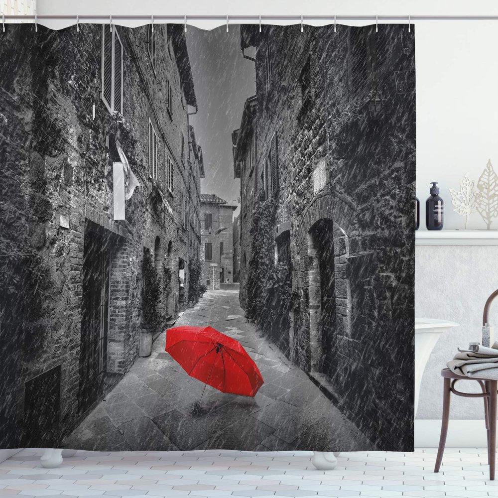 Ambesonne Black and White Shower Curtain, Red Umbrella on a Dark Narrow Street in Tuscany Italy Rainy Winter, Fabric Bathroom Decor Set with Hooks,69" W By 75" L, Grey Vermilion Multi 1