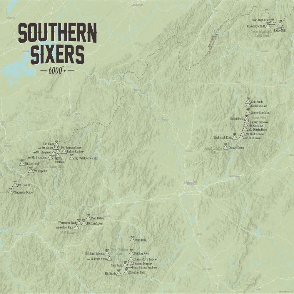 North Carolina & Tennessee 'Southern Sixers' Checklist Map 18x24 Poster (Sage)
