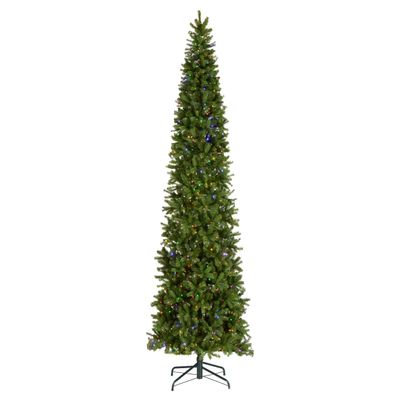 National Tree Company 12 ft Pre-Lit Downswept Douglas Fir Slim Artificial Christmas Tree, 850 LED Lights, 2,165 Tips, Foot Switch, 10 Light Functions, Includes Stand, Green