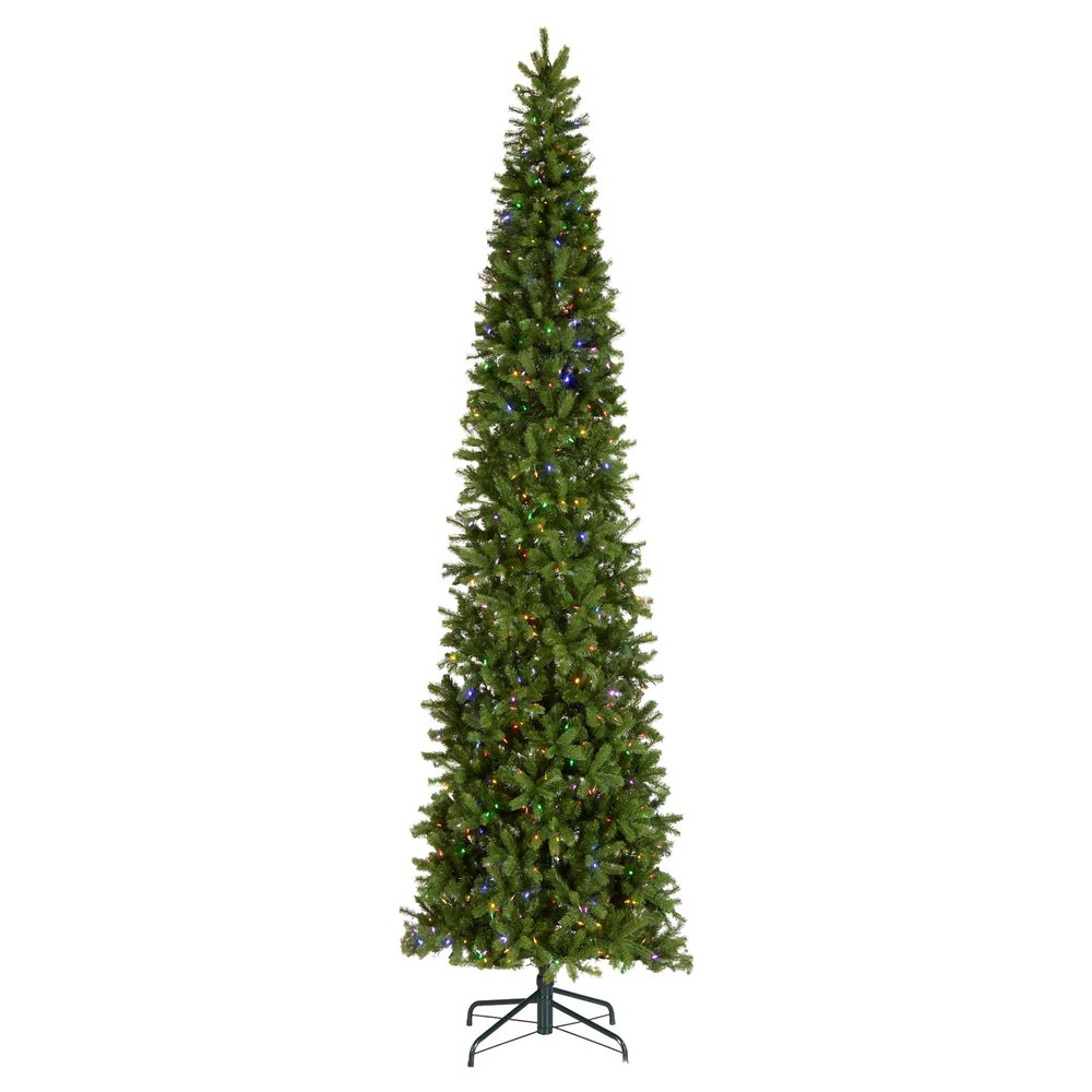 National Tree Company 12 ft Pre-Lit Downswept Douglas Fir Slim Artificial Christmas Tree, 850 LED Lights, 2,165 Tips, Foot Switch, 10 Light Functions, Includes Stand, Green