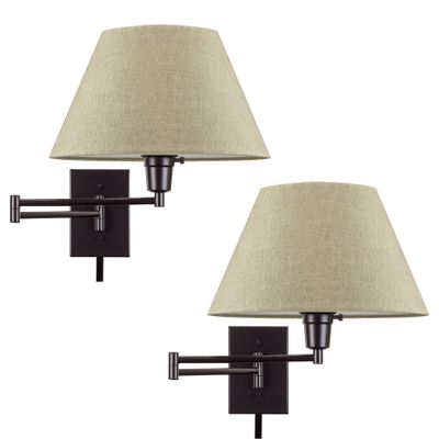 Kira Home Cambridge 15" Swing Arm Wall Lamp - Plug in/Wall Mount + Latte Mocha Fabric Shade, 150W 3-Way + Cord Covers, Black Finish, 2-Pack