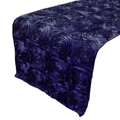 lovemyfabric Satin Rosette/Raised Roses/Floral Ribbon Table Runner for Wedding/Bridal Shower, Birthdays and Very Special Events (14" X96, Navy Blue)