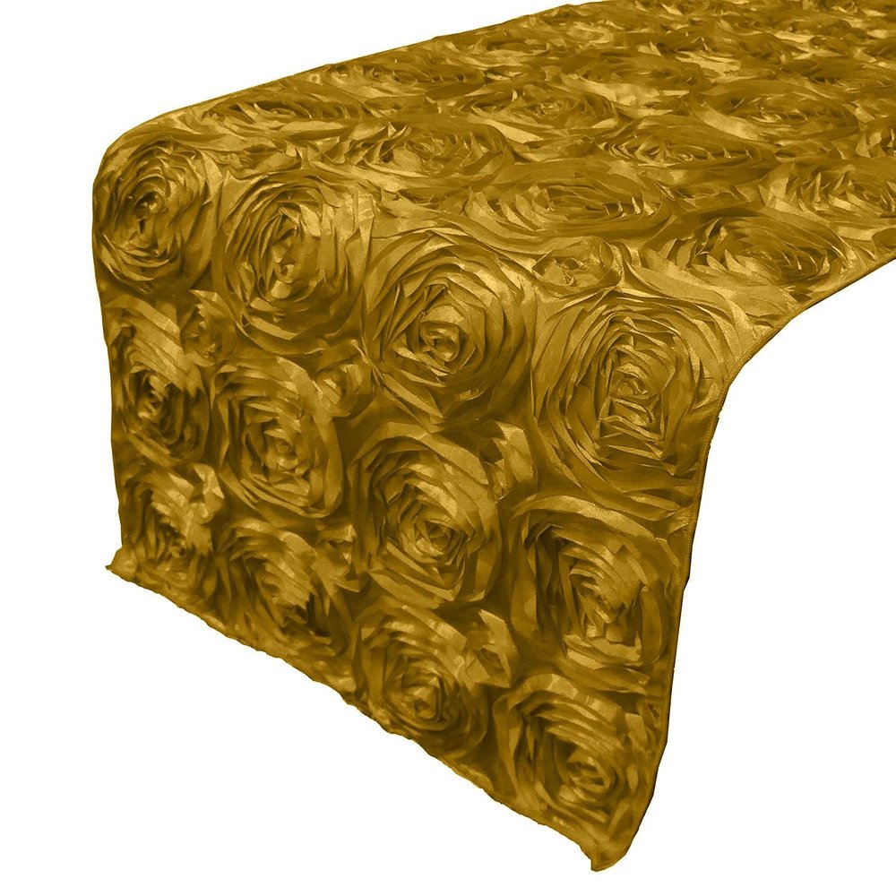 lovemyfabric Satin Rosette/Raised Roses/Floral Ribbon Table Runner for Wedding/Bridal Shower, Birthdays and Very Special Events (14" X96, Gold)
